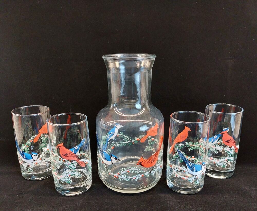 Vintage West Virginia Glass Bird Pitcher Set 4 Glasses Cardinal Blue Jay MCM